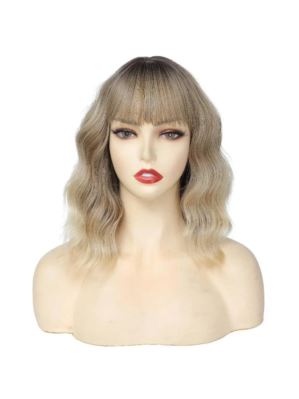 Women's Ombre Blonde 14 Inch Heat Resistant Short Wavy Hair Pastel Bob Wig Bangs